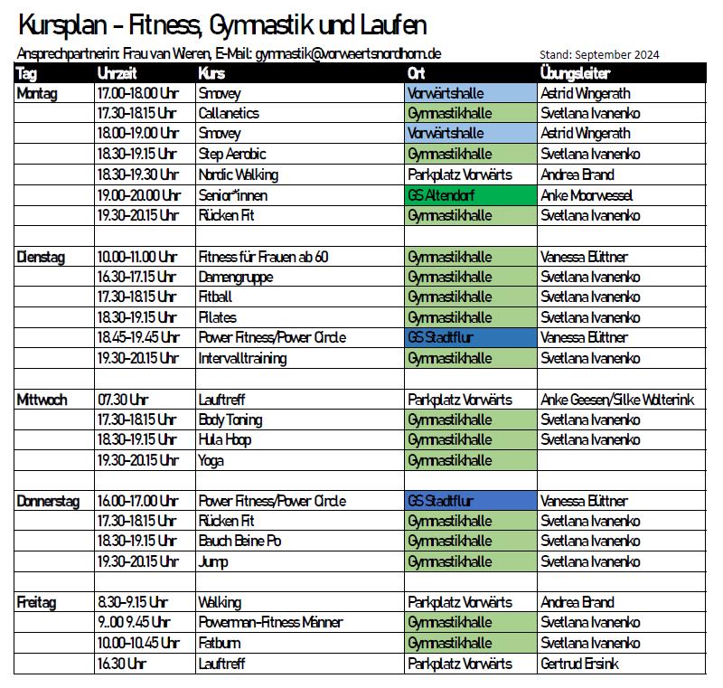 Neuer Übersichtplan für unsere Gymnastik-Kurse!